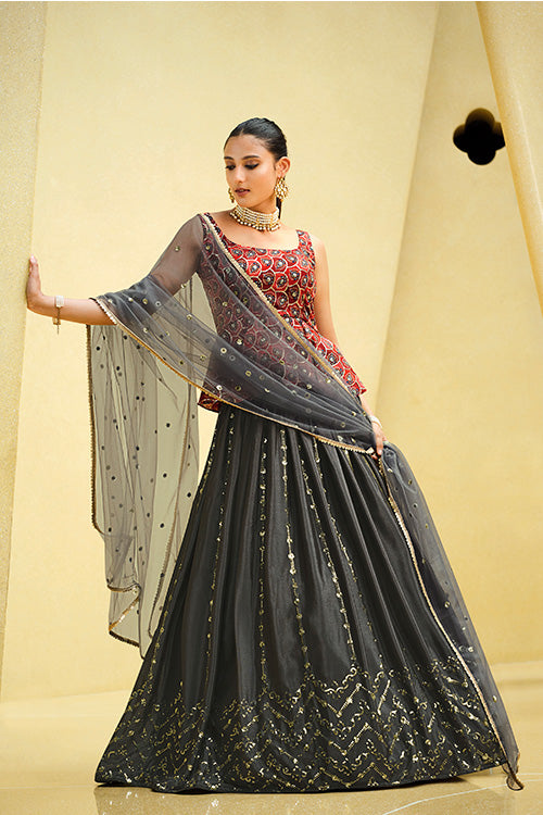 Grey Chinon Silk Sequins Embroidered Lehenga Choli Set