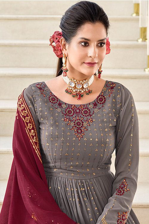 Grey Georgette Thread And Sequins Embroidered Kurta Palazzo Set