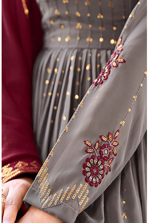 Grey Georgette Thread And Sequins Embroidered Kurta Palazzo Set