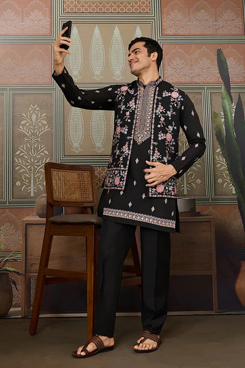 Black Mens Kurta with Stylish Koti for Wedding Wear