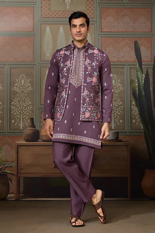 Dusty Purple Wedding Kurta with Matching Koti Set for men