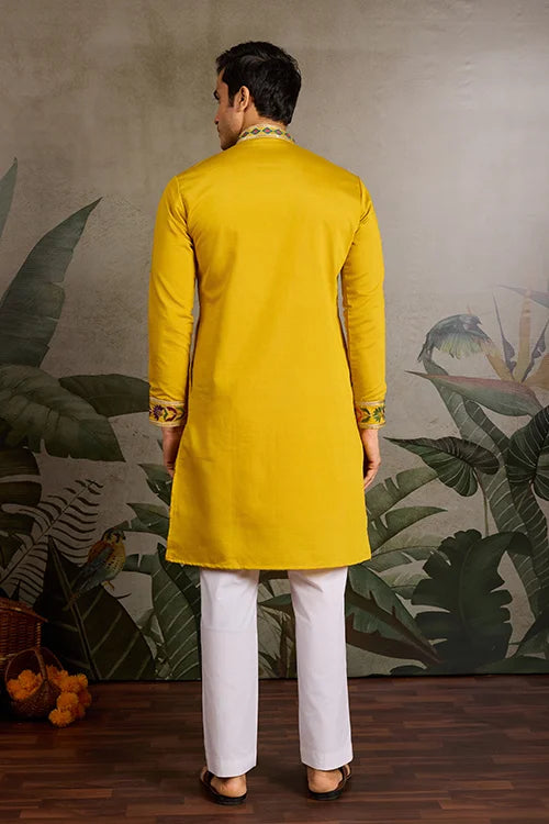 Haldi Special Yellow Embroidered Kurta for Men