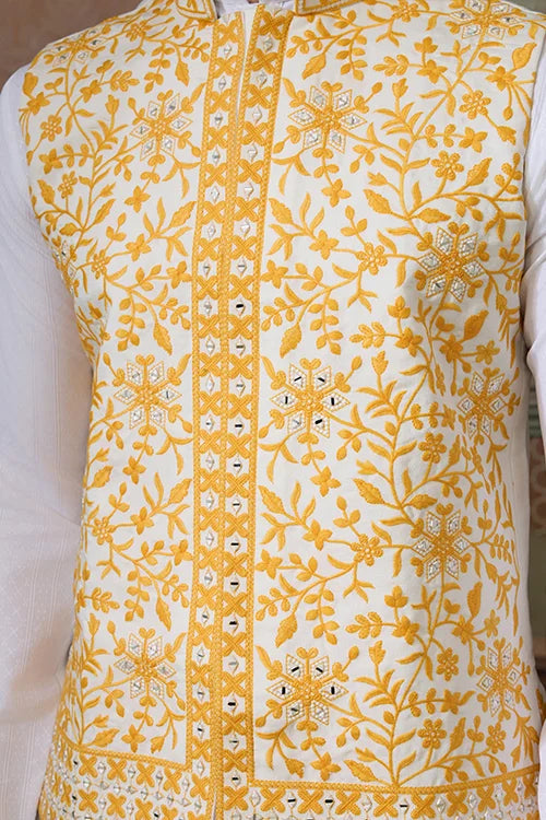Haldi Special Yellow Koti with White Kurta for Mens