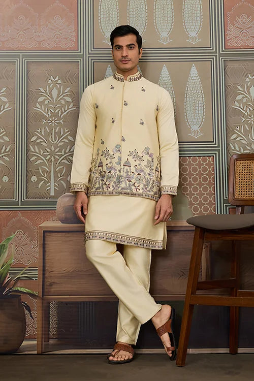 Haldi Special Light Yellow Koti Kurta Set for Mens Wear