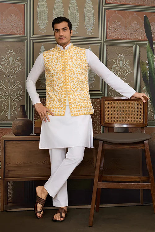 Haldi Special Yellow Koti with White Kurta for Mens