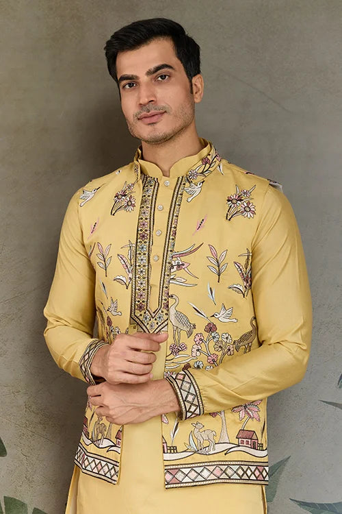 Haldi Special Yellow Kurta Pajama with Open Jacket for Men
