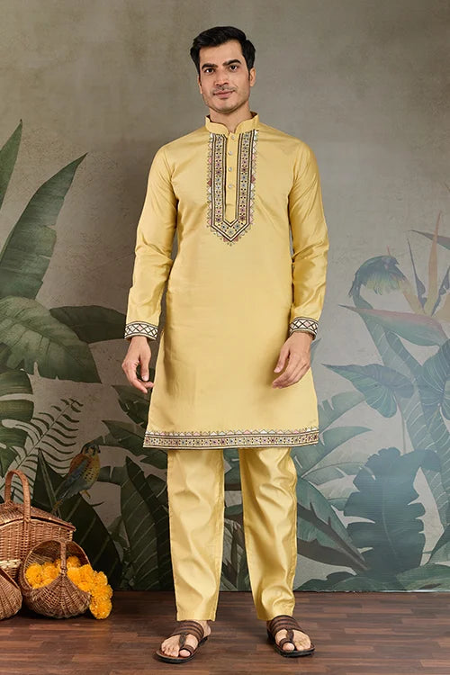 Haldi Special Yellow Kurta Pajama with Open Jacket for Men