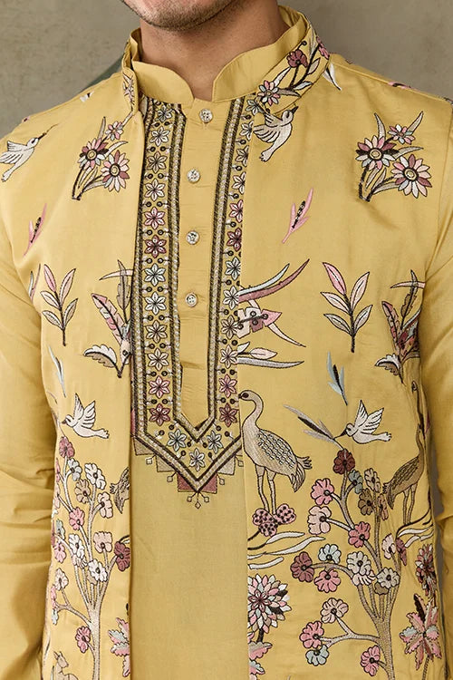Haldi Special Yellow Kurta Pajama with Open Jacket for Men