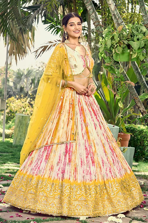 Haldi Function Special Sequins Embroidered With Digital Print Work Lehenga Choli