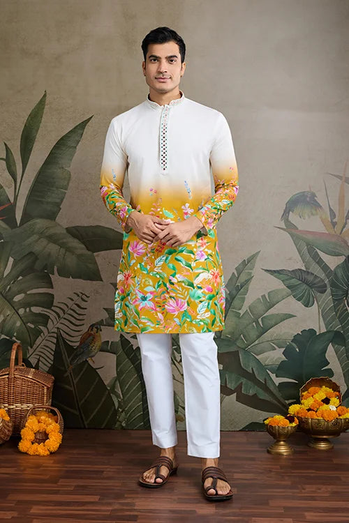 Printed with Hand Mirror Work Kurta for Mens