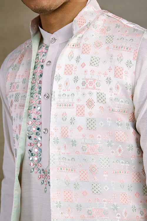 Off-White Roman Silk Kurta with Jacquard Open Koti Set