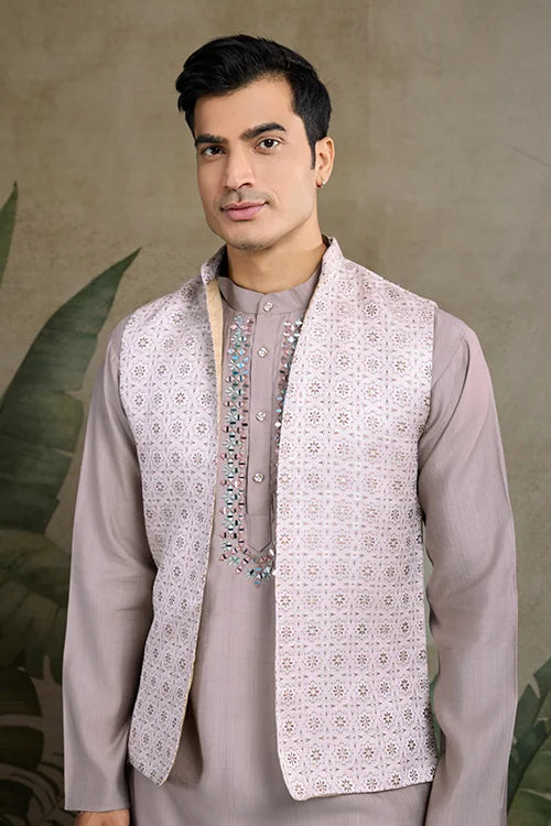 Designer Lavender Kurta & Open Koti for Men