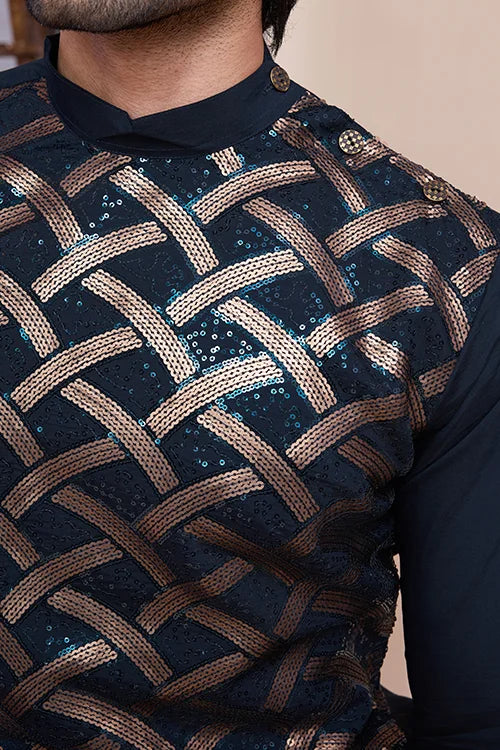 Traditional Embroidered Navy Silk Kurta For Men