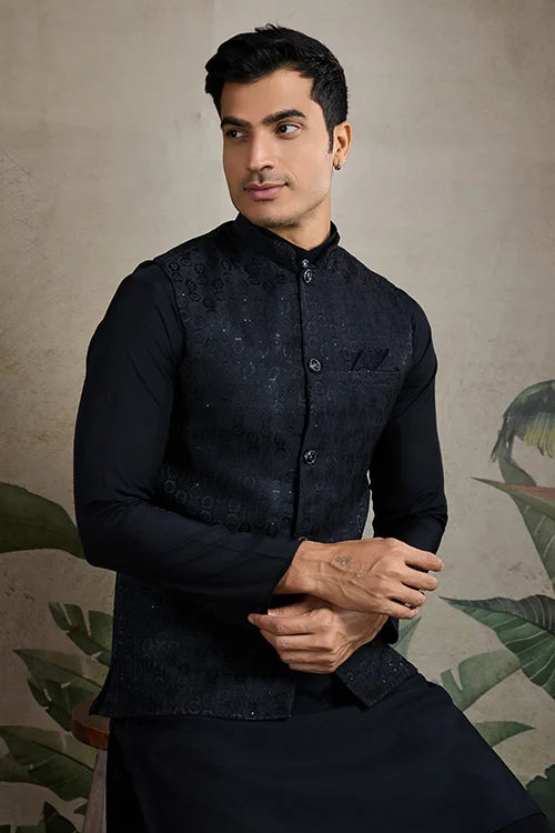 Black Roman Silk Kurta with Jacquard Koti Jacket