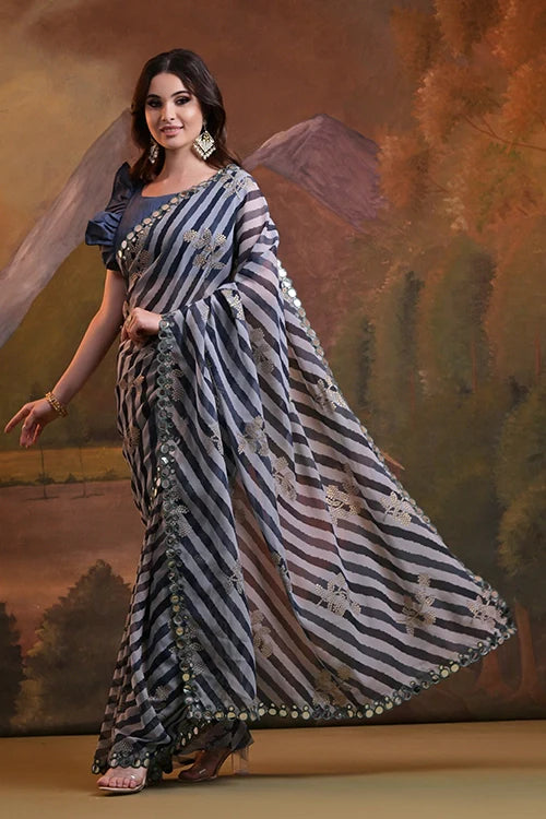 Black Georgette Saree with Leriya Print & Mirror Work