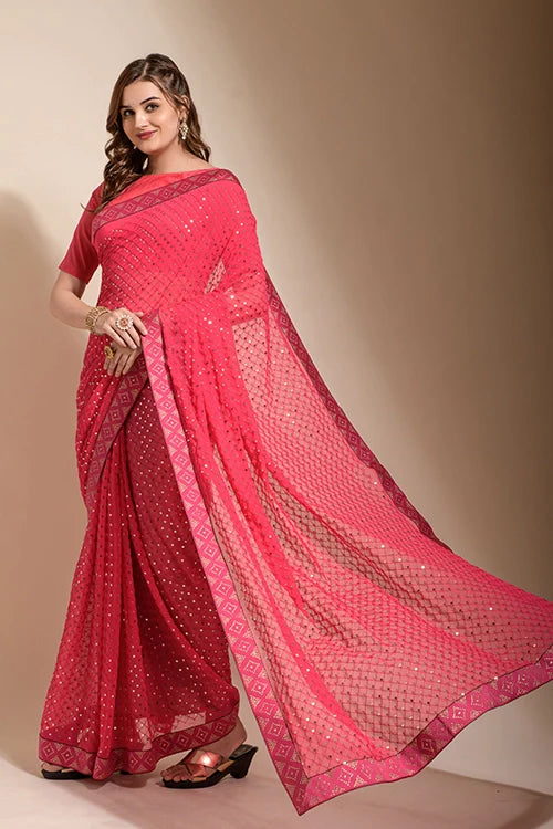 Stylish Pink Georgette Saree with Swarovski Work