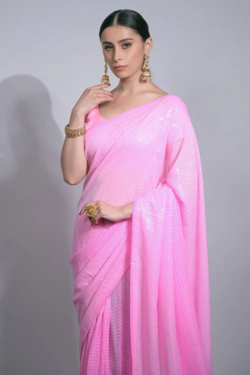 Heavy Georgette Pink Saree with Fancy Sequins Work