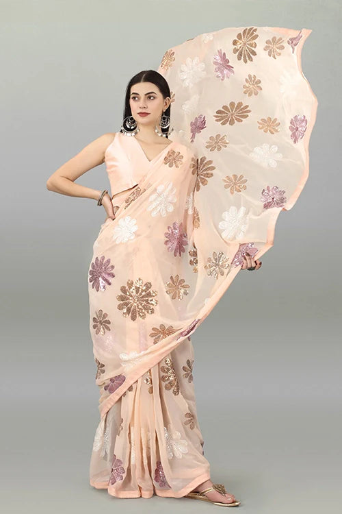 Designer Cream Georgette Saree with Intricate Embroidery