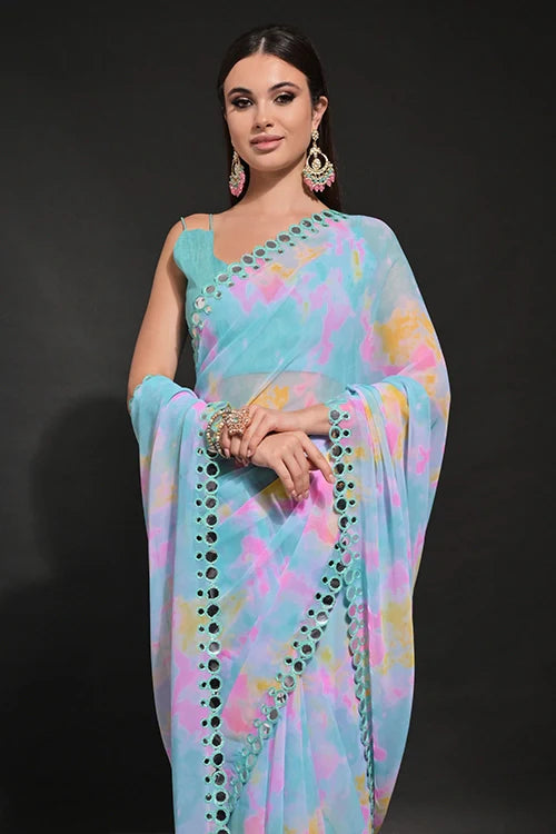 Prizam Print Heavy Georgette Saree with Mirror Work