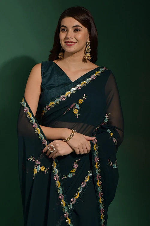 Dark Green Georgette Saree with Sequin Border