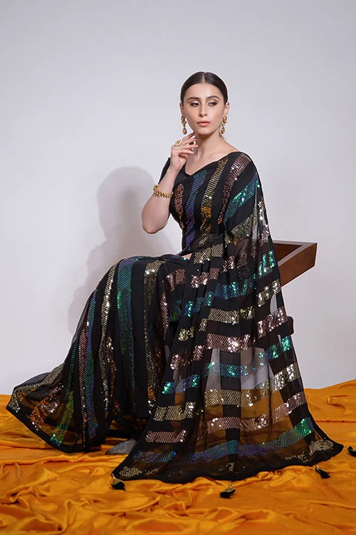 Black Heavy Georgette Saree with Sequins Work