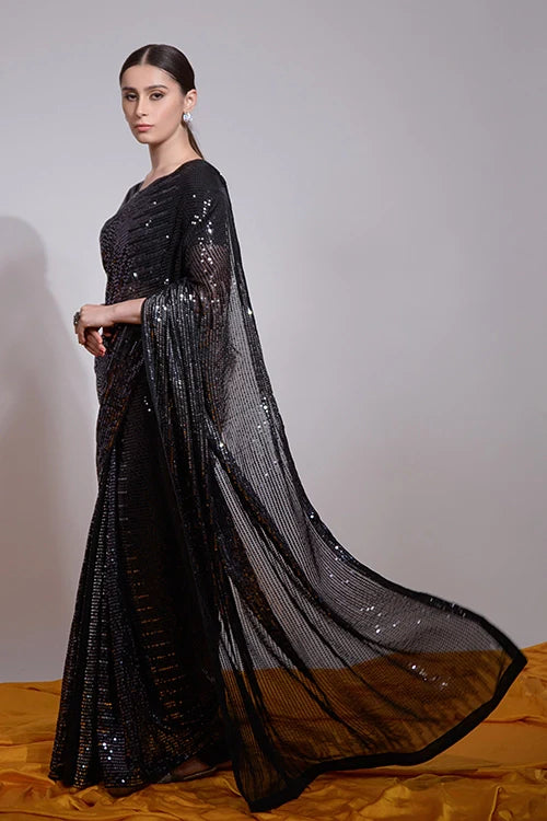 Black Georgette Saree with Embroidered Blouse Online