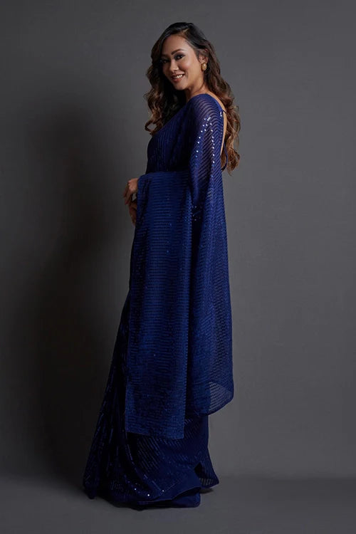 Blue Georgette Silk Saree with Embroidery Work