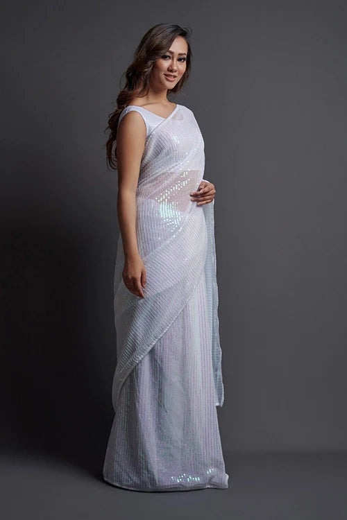 Embroidered Pure Heavy Georgette Silk Saree in White