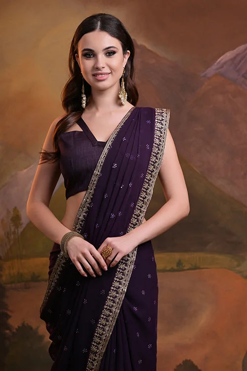 Stylish Wine Saree with Sequence Lace Border Online