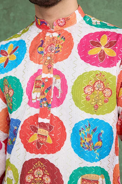 Multi Color Print with Embroidered Kurta and Pajama for Men