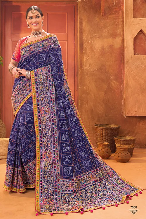 Blue Mirror Work Banarasi Silk Saree for Weddings At Shubhkala