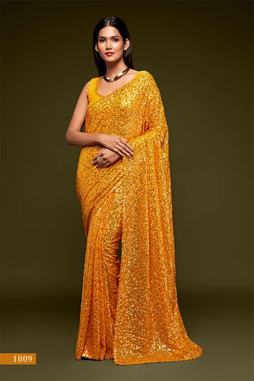 Attractive Honey Yellow Sequins Georgette Festive Wear Saree With Blouse