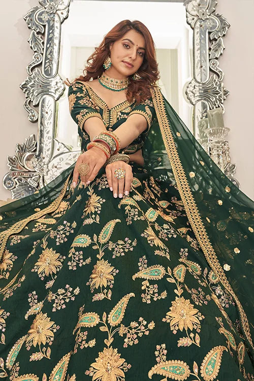 Hot Green Embroidery Bridal Lehenga Choli In Women Wear