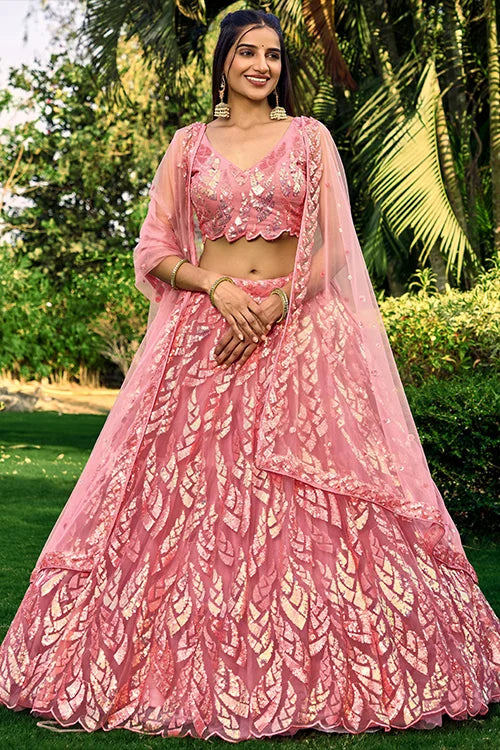 Hot Pink Designer Soft Net Thread With Multiple Sequins Work Lehenga Choli