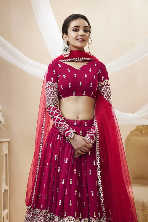 Hot Pink Embroidered Bridal Lehenga Choli in Georgette