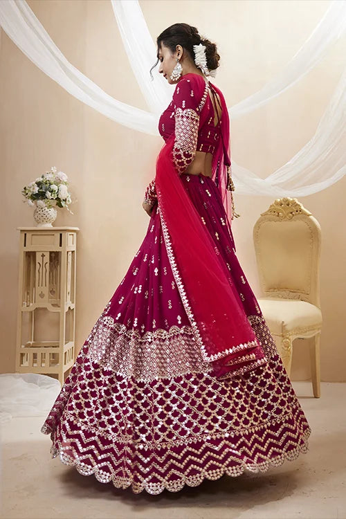 Hot Pink Embroidered Bridal Lehenga Choli in Georgette