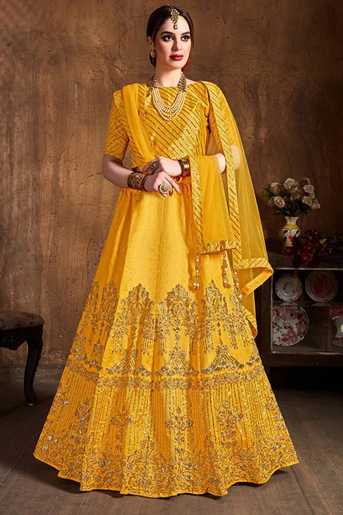 Hot Yellow Embroidery Bridal Lehenga Choli In Georgette