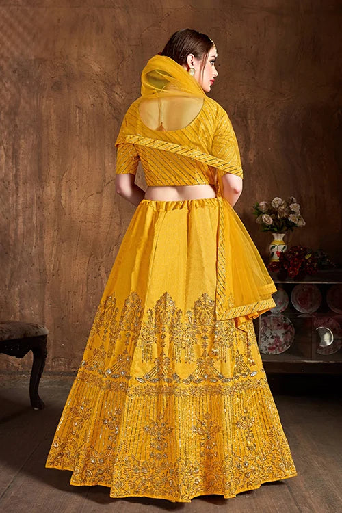 Hot Yellow Embroidery Bridal Lehenga Choli In Georgette