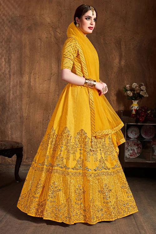Hot Yellow Embroidery Bridal Lehenga Choli In Georgette