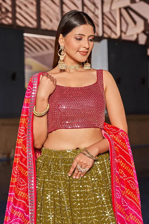 Indian Collection For Bridal Wear Lehenga Choli With Dupatta  Olive-Pink Colour