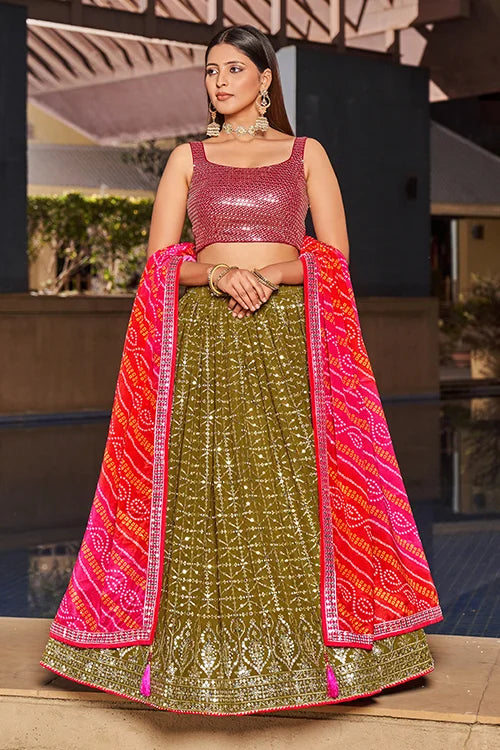 Indian Collection For Bridal Wear Lehenga Choli With Dupatta  Olive-Pink Colour