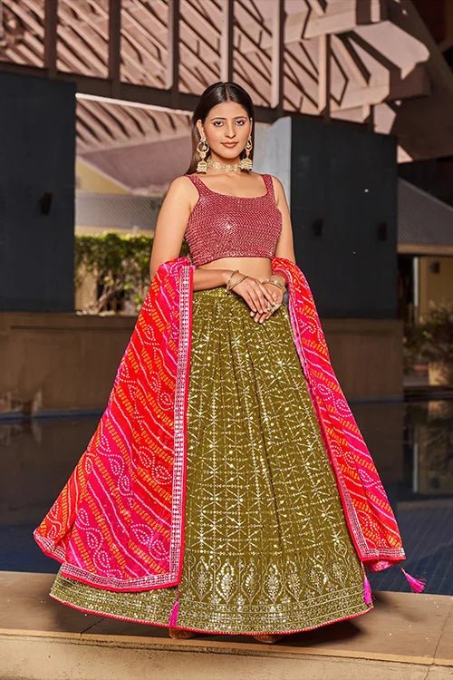 Indian Collection For Bridal Wear Lehenga Choli With Dupatta  Olive-Pink Colour