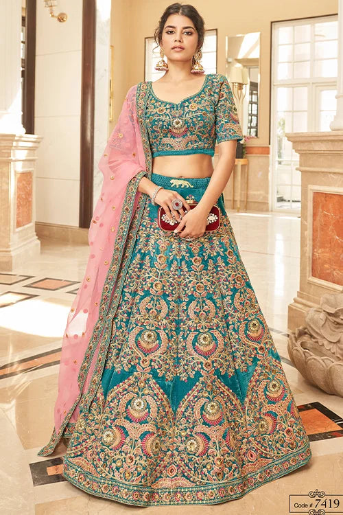 Indian Ethnic Wear Teal Blue Colour Embroidery  Lehenga Choli