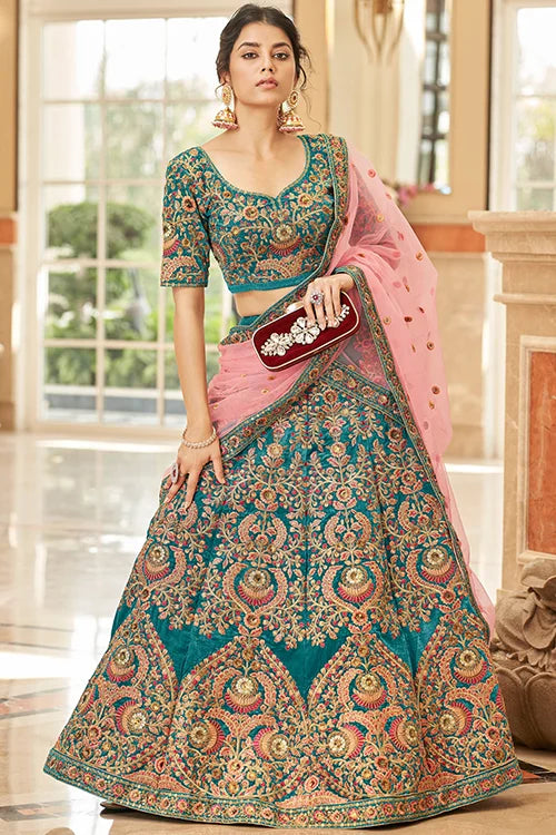 Indian Ethnic Wear Teal Blue Colour Embroidery  Lehenga Choli
