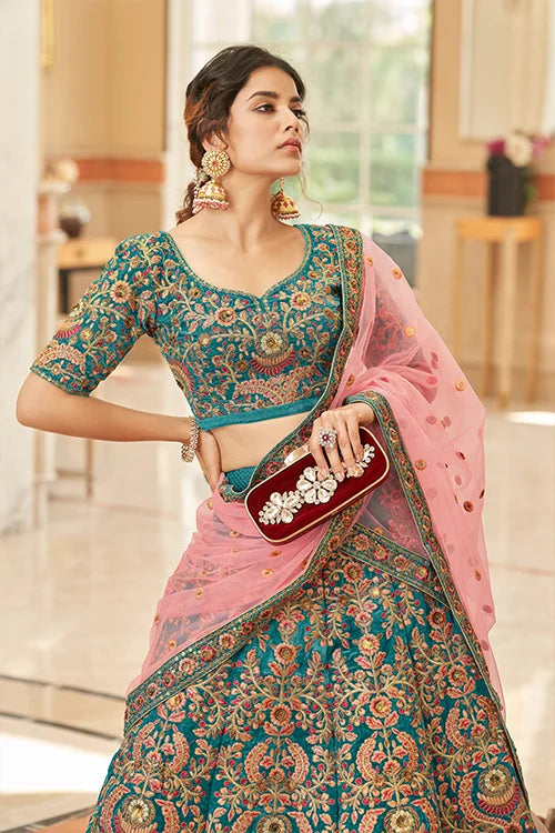 Indian Ethnic Wear Teal Blue Colour Embroidery  Lehenga Choli