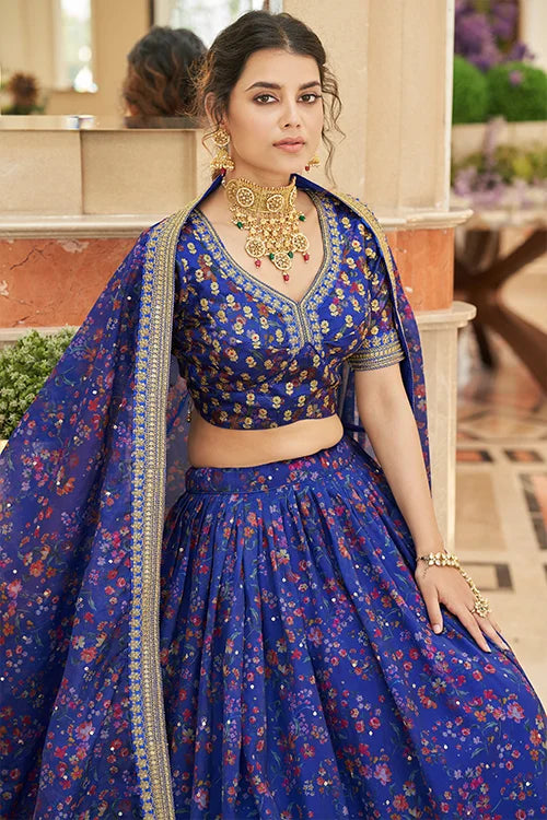 Indian Luxury Exclusive Blue Colour Embroidery Lehenga Choli In Women