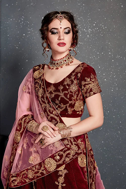 Indian Wear Embroidery Lehenga Choli In Marron Color