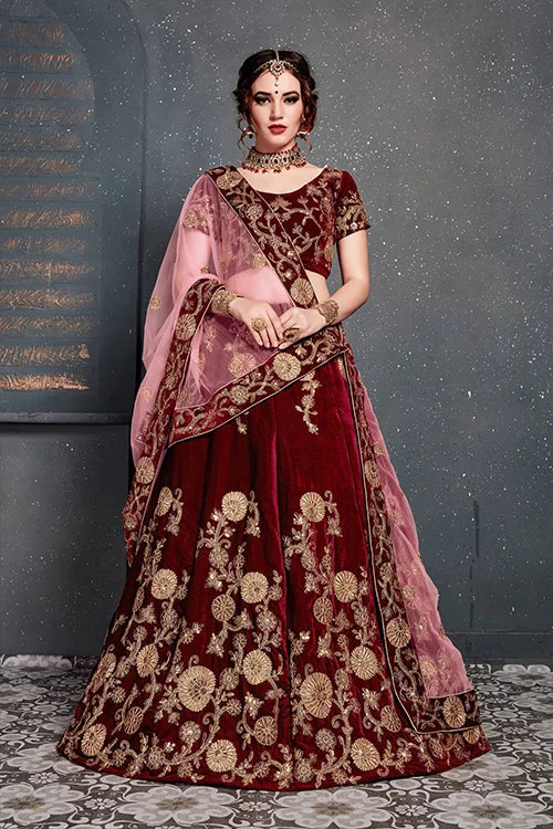Indian Wear Embroidery Lehenga Choli In Marron Color