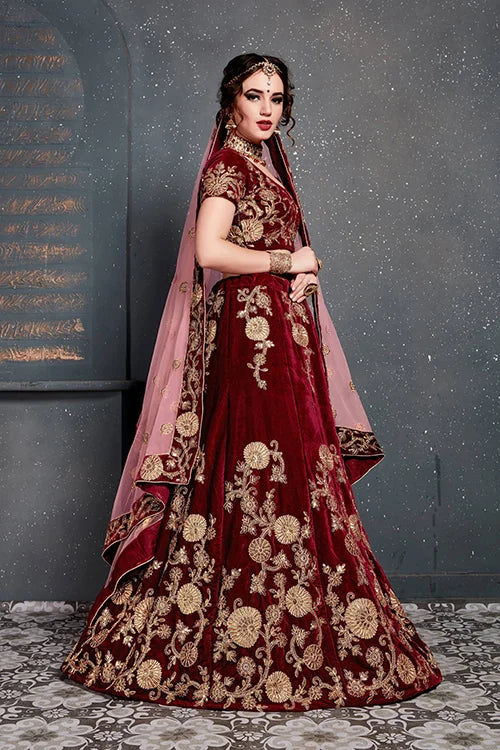 Indian Wear Embroidery Lehenga Choli In Marron Color