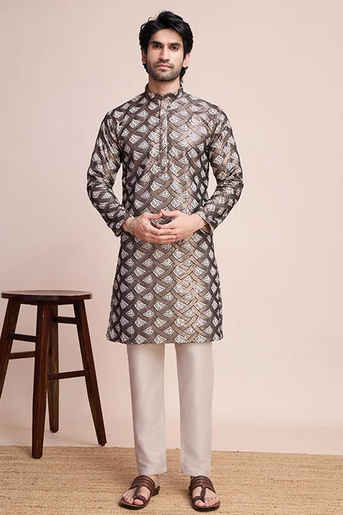 Stylish Beige Men's Kurta with Intricate Thread Detailing